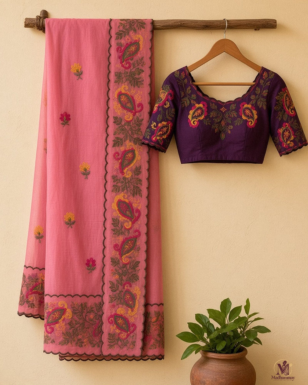 Pink Celebration Blossom Saree with Purple Blouse - image 2