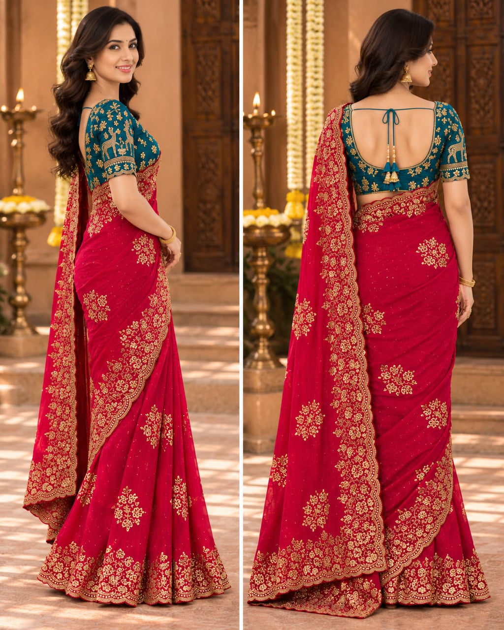 Crimson Red Cutwork Party Glam Saree with Designer Blouse - image 7