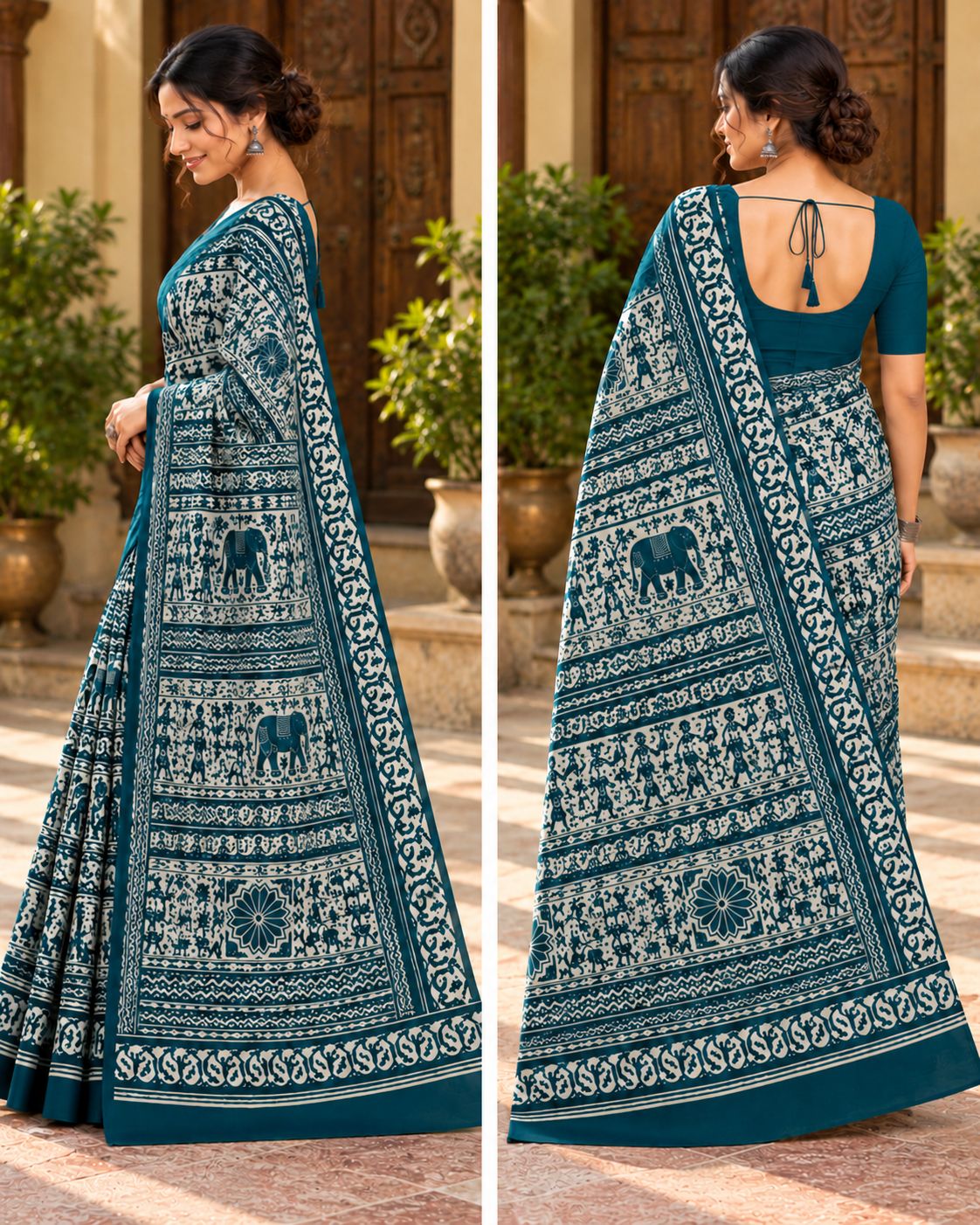 Dark Teal & White Utsav Kalamkari Elephant Saree - image 7