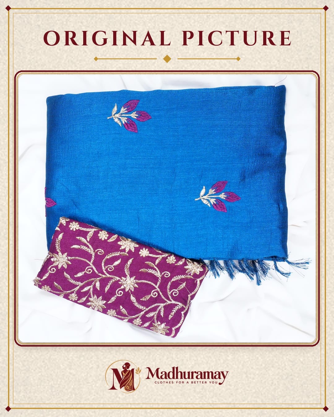 Royal Teal Blue Rose Bud Embroidered Festive Saree with Purple Embroidered Blouse - image 2