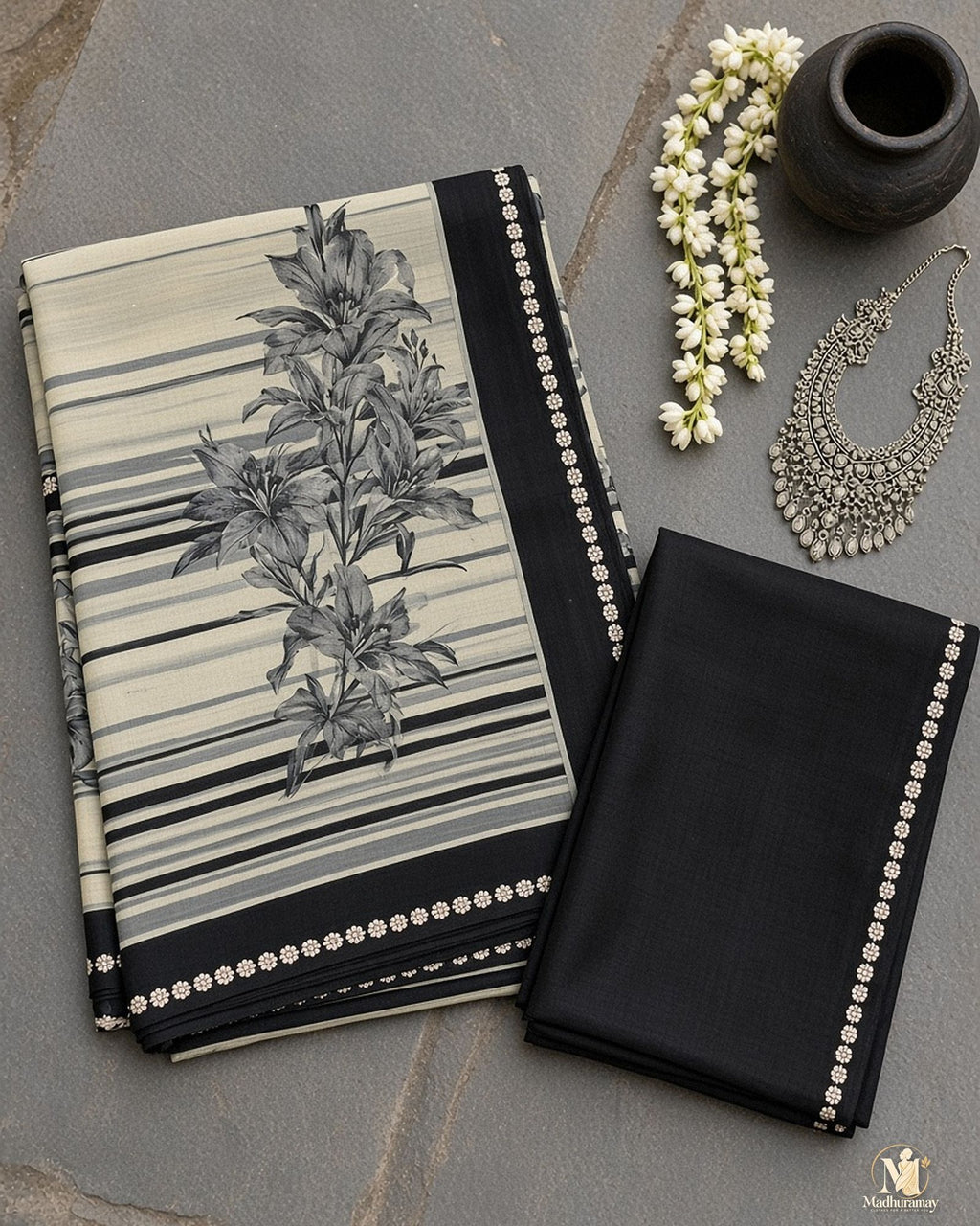 Cream & Black Floral Evening Party Saree - image 3