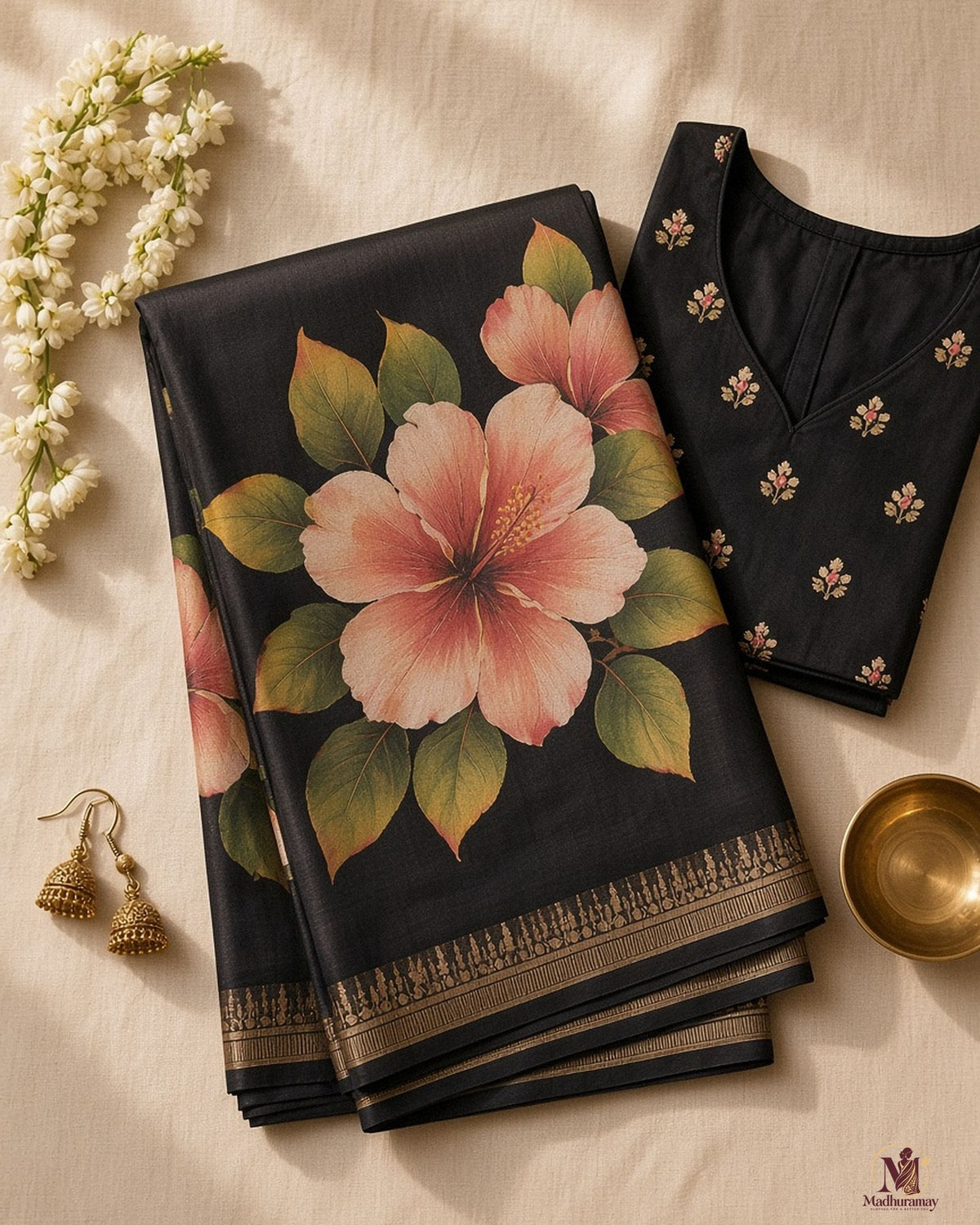 Black Festive Bloom Saree with Zari Border - image 3