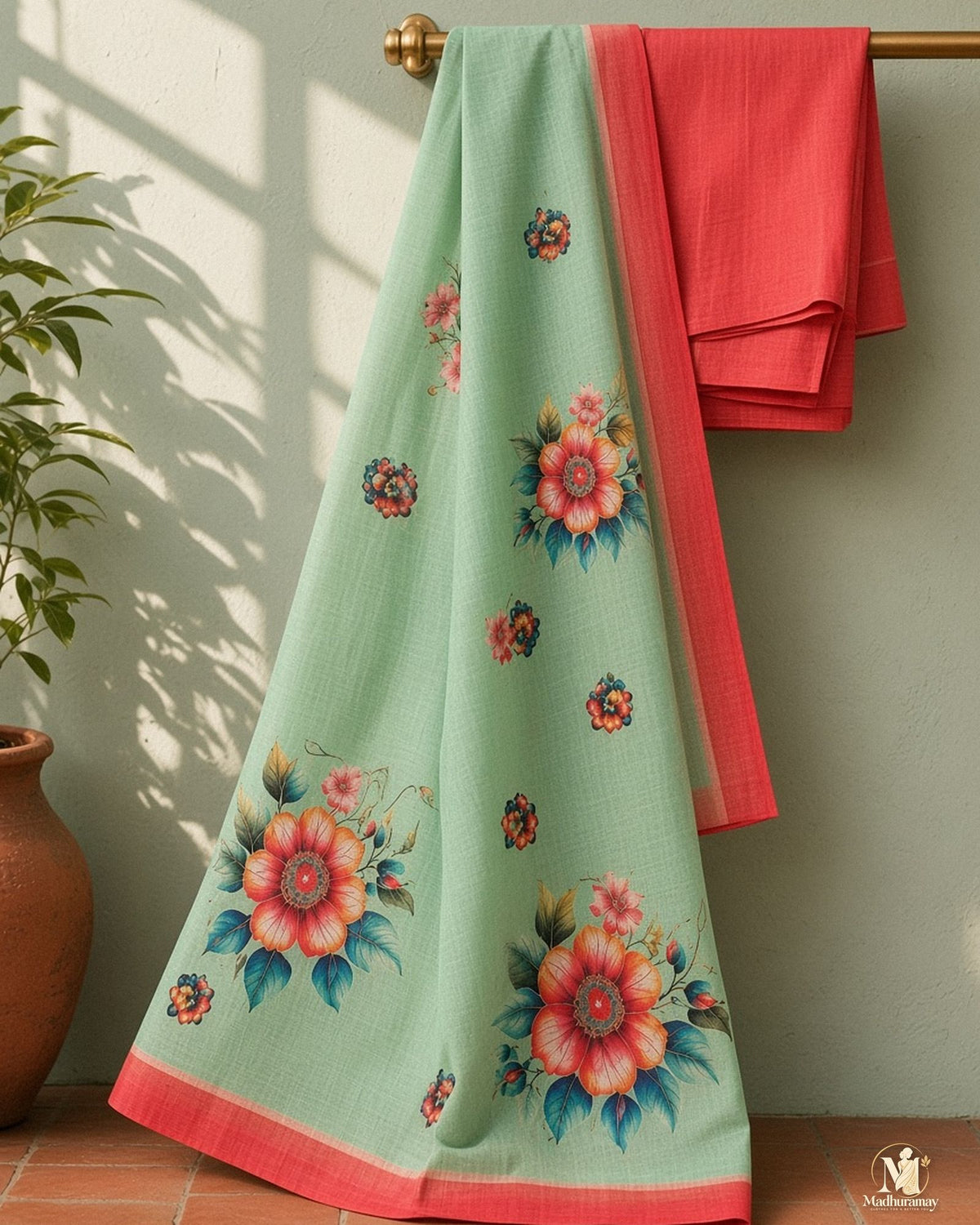 Seafoam Mint Floral Festive Saree with Coral Red Border - image 2