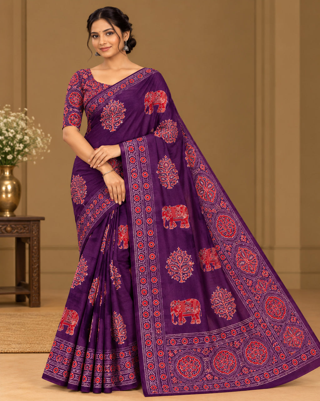 Semi-Ajrak Purple Printed Soft Silk Saree with Unstitched Blouse - image 1