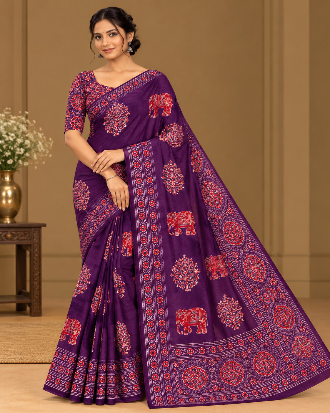 Semi-Ajrak Purple Printed Soft Silk Saree with Unstitched Blouse - image 1