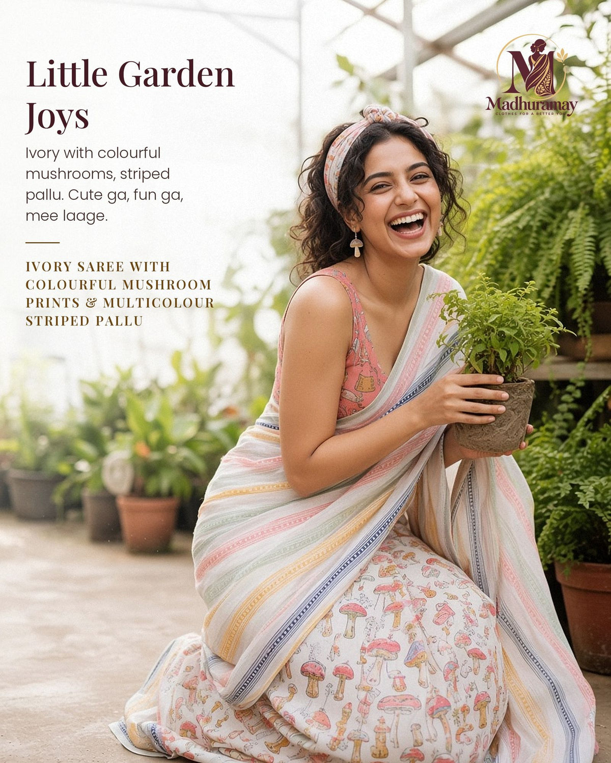 Ivory Whimsy Mushroom Print Saree with Striped Pallu - image 1