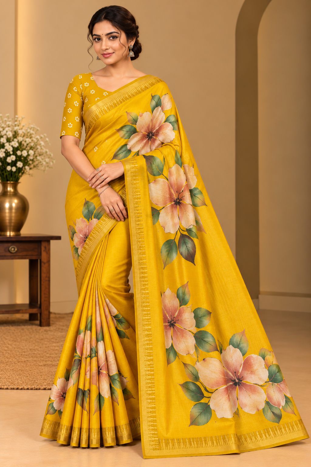 Sunshine Yellow Festive Bloom Saree with Zari Border - image 6