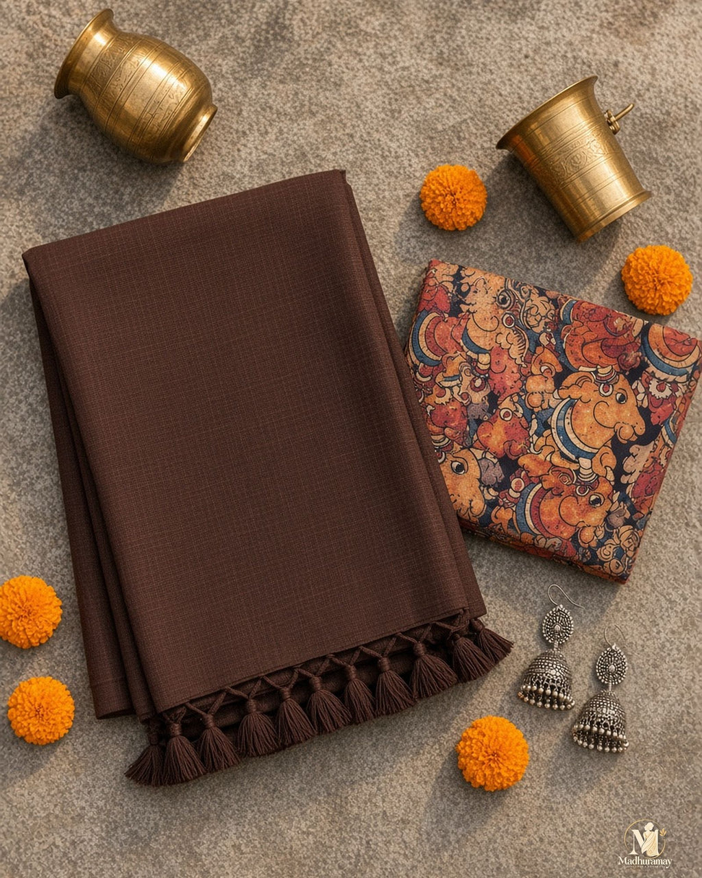 Chocolate Brown Tassel Pallu Festive Saree with Printed Blouse - image 3