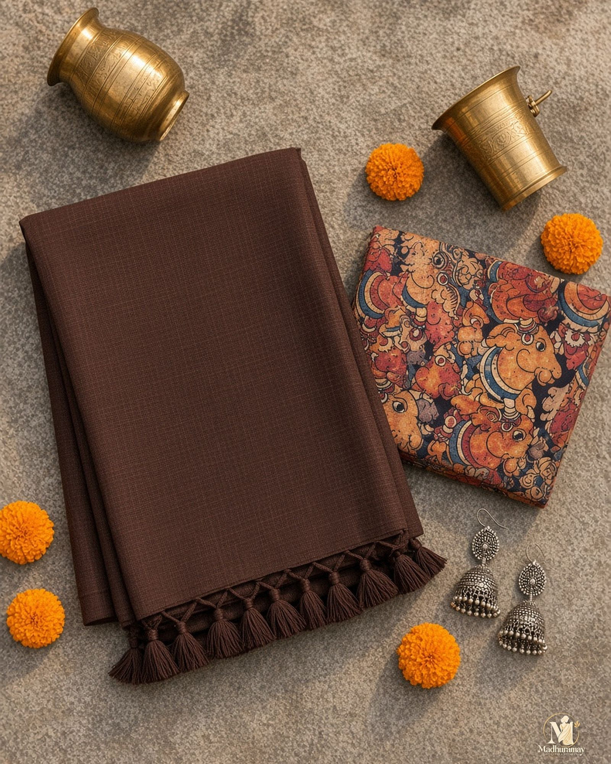 Chocolate Brown Tassel Pallu Festive Saree with Printed Blouse - image 3