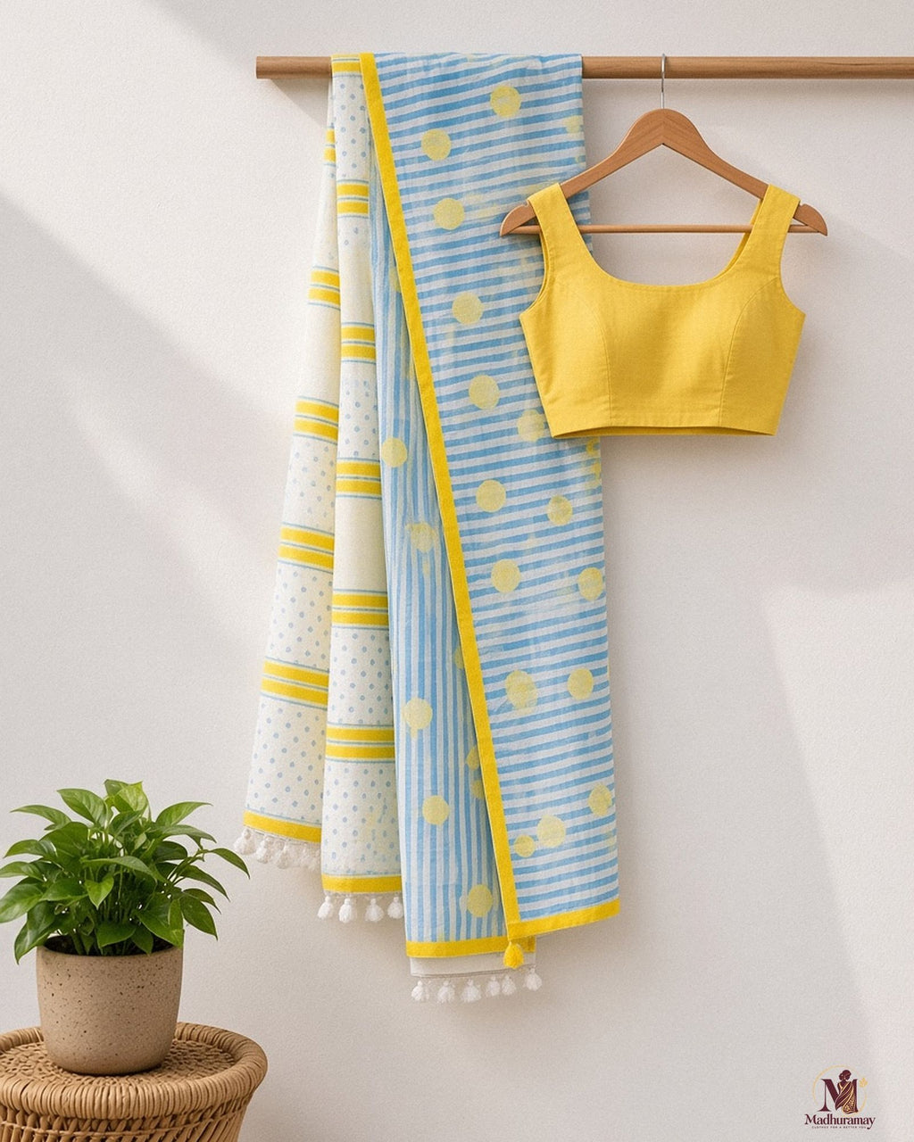 Sky Blue Stripes & Polka Dot Festive Day Saree - image 2