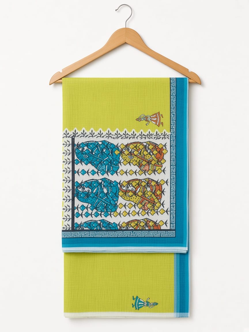 Olive Green Folk Art Festive Saree with Teal Border - image 4