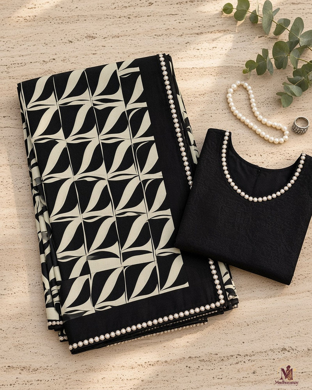 Black & Cream Abstract Evening Party Saree with Pearl-Style Border - image 3