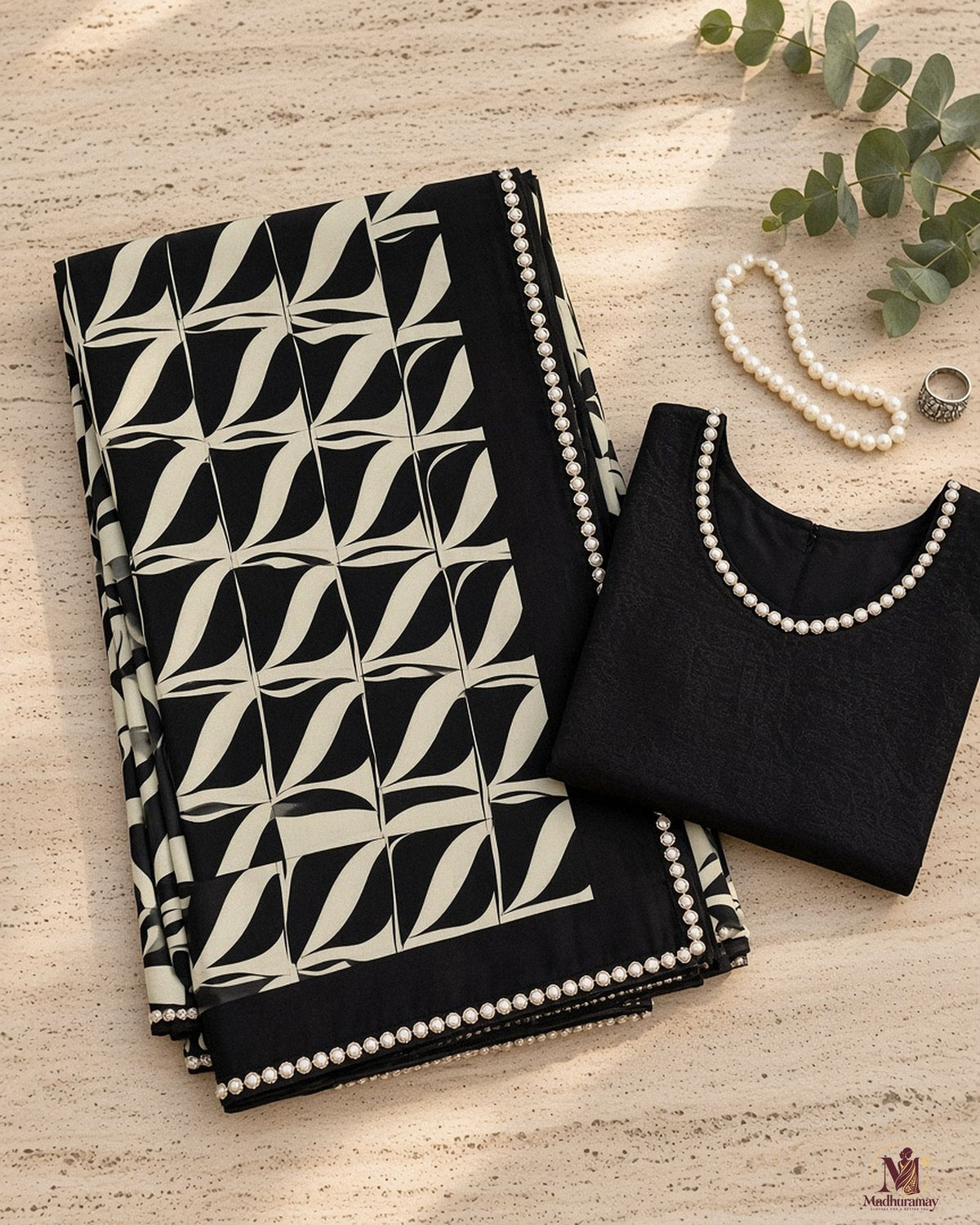 Black & Cream Abstract Evening Party Saree with Pearl-Style Border - image 3