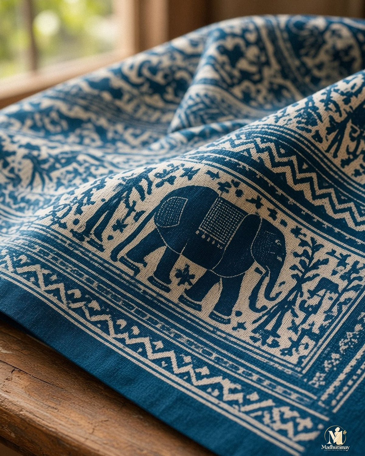 Dark Teal & White Utsav Kalamkari Elephant Saree - image 4