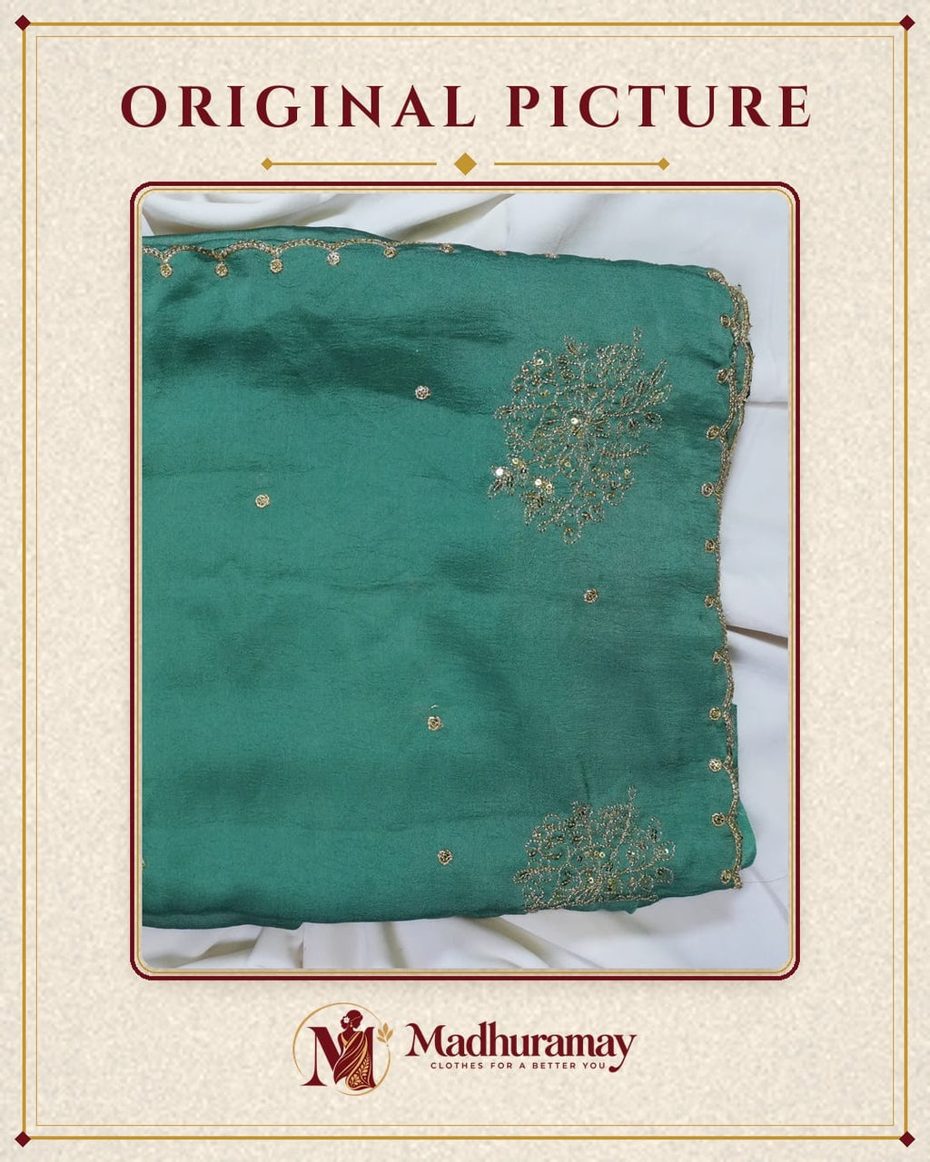 Teal Green Golden Blossom Festive Saree with Scalloped Border - image 2