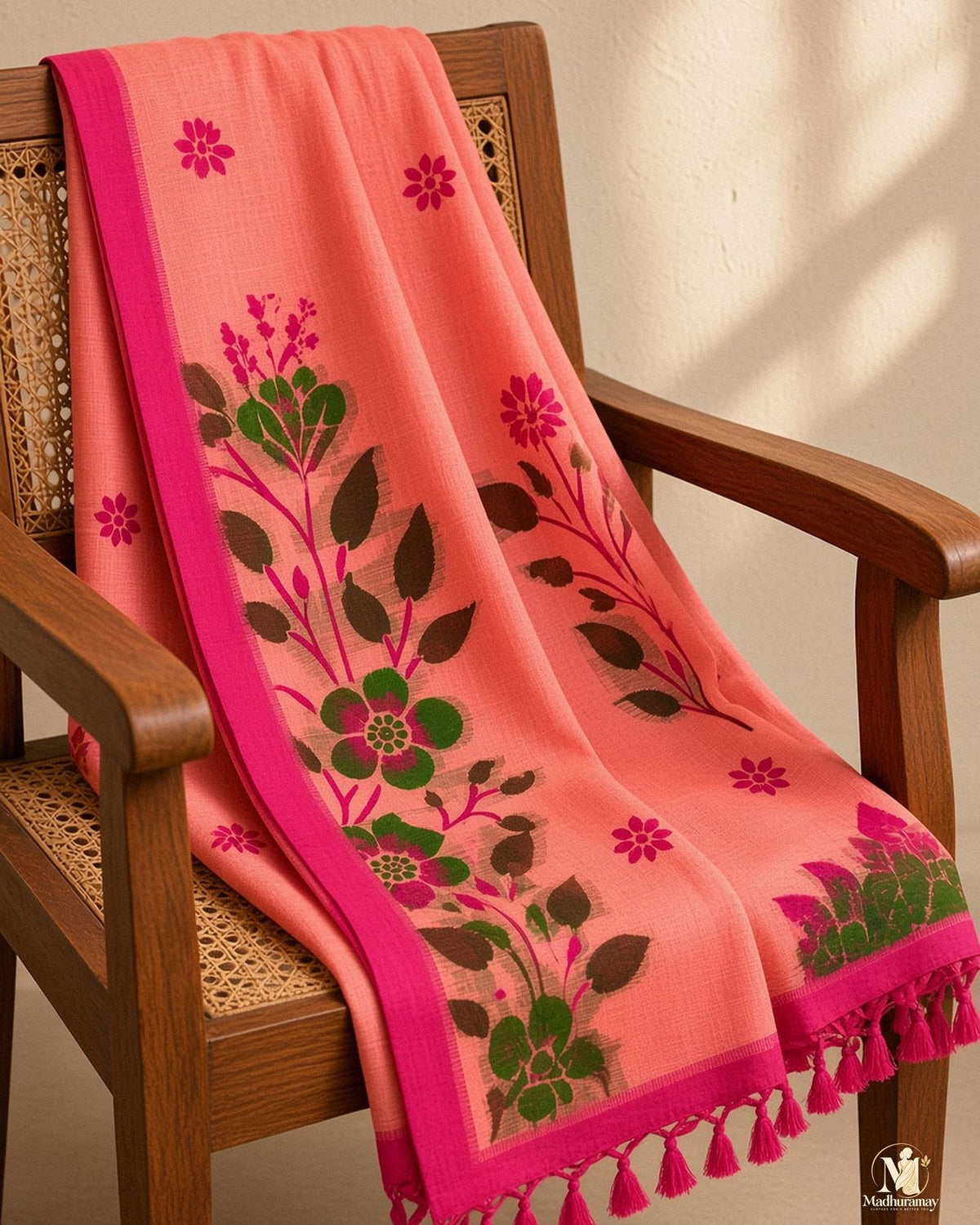 Coral Pink Floral Pallu Festive Saree - image 5