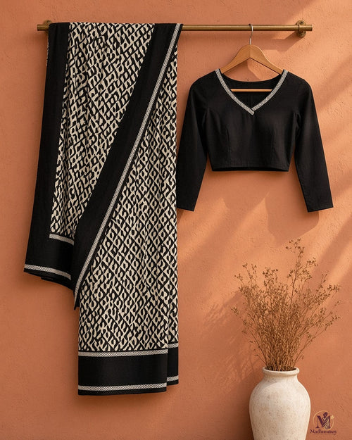 Black & Cream Geometric Evening Party Saree - image 2