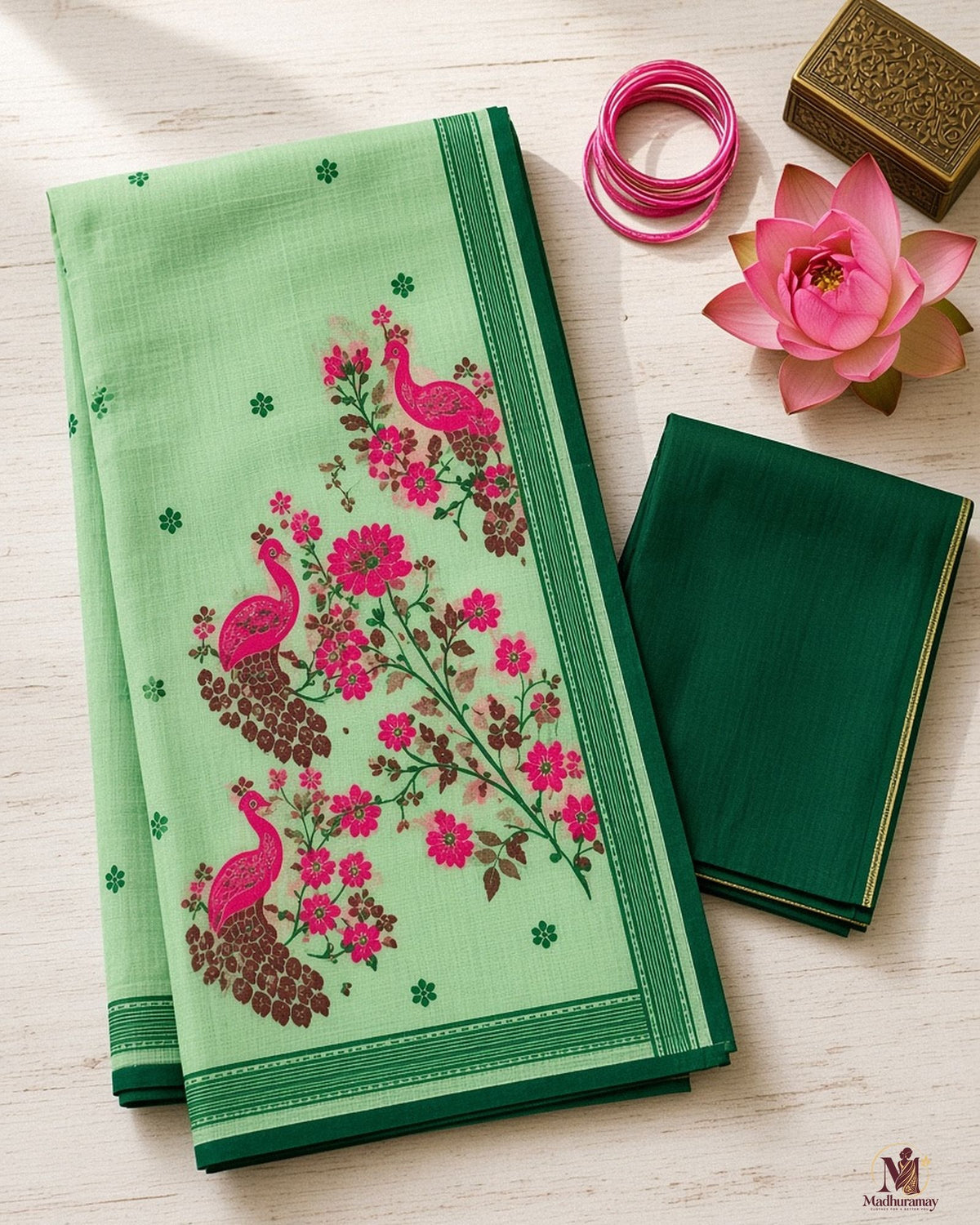 Mint Green Peacock Pallu Festive Saree - image 3