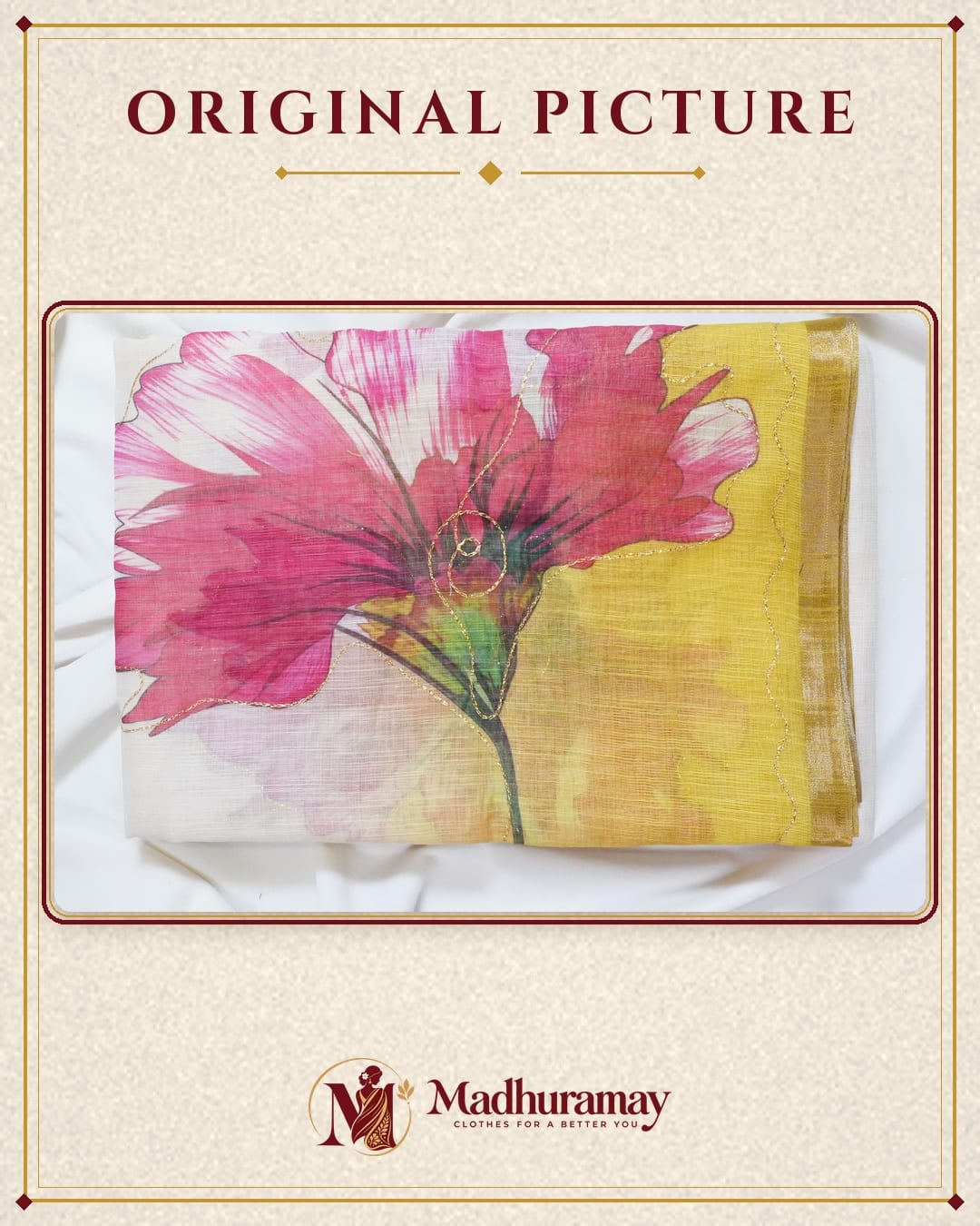 Floral Linen Cotton Festive Saree with Gold Thread Work - image 2