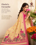 Pale Yellow Peacock Print Festive Saree with Magenta Border - image 1