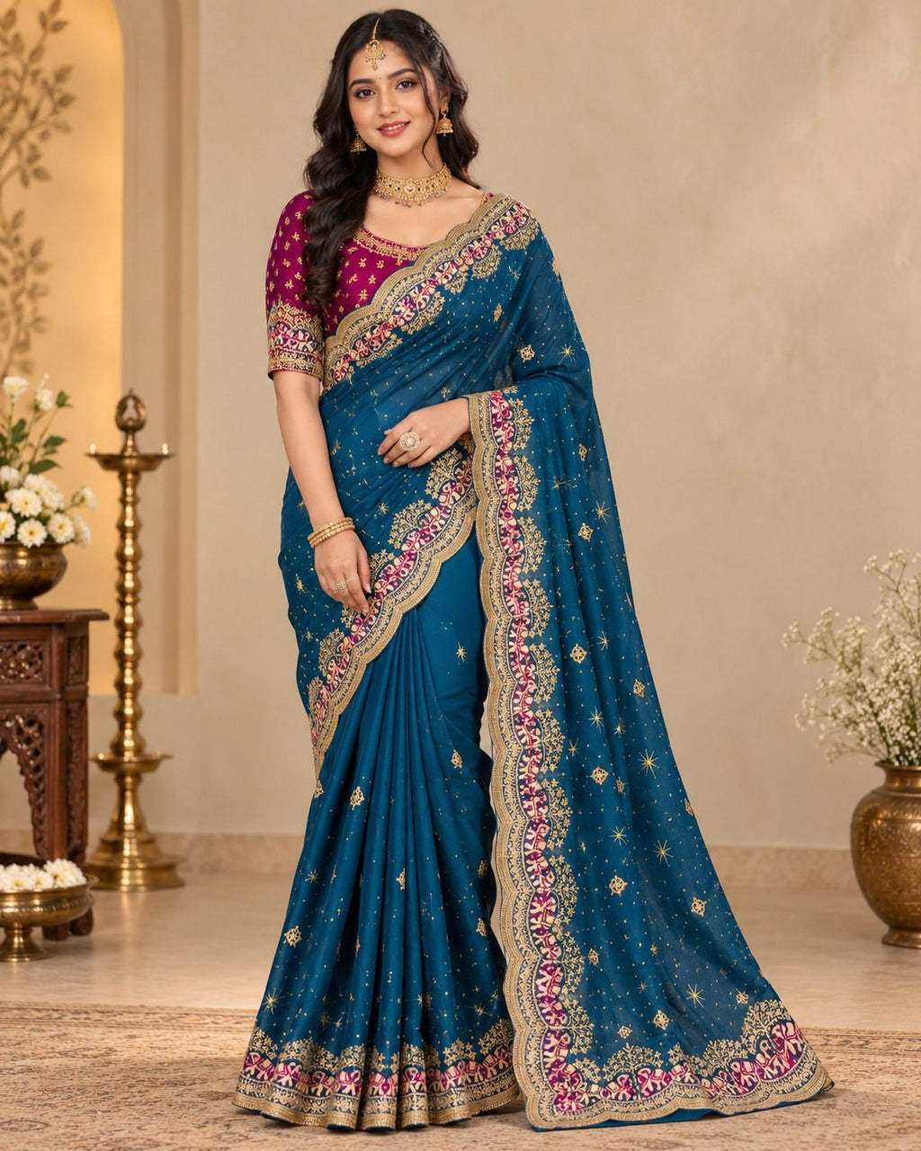 Teal Blue Golden Embroidery Evening Party Saree with Pink Floral Border - image 6
