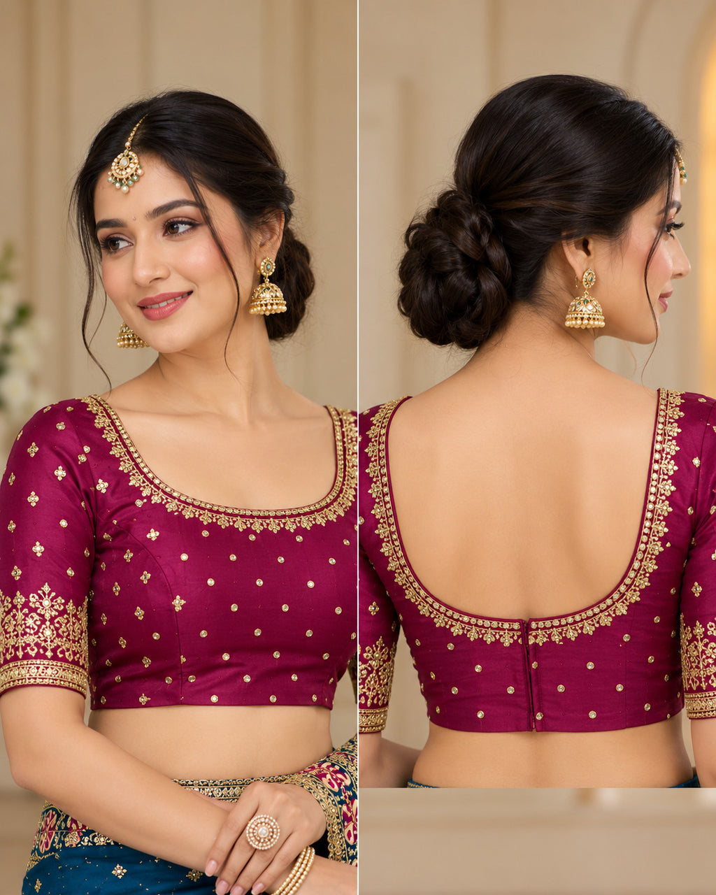 Teal Blue Golden Embroidery Evening Party Saree with Pink Floral Border - image 7