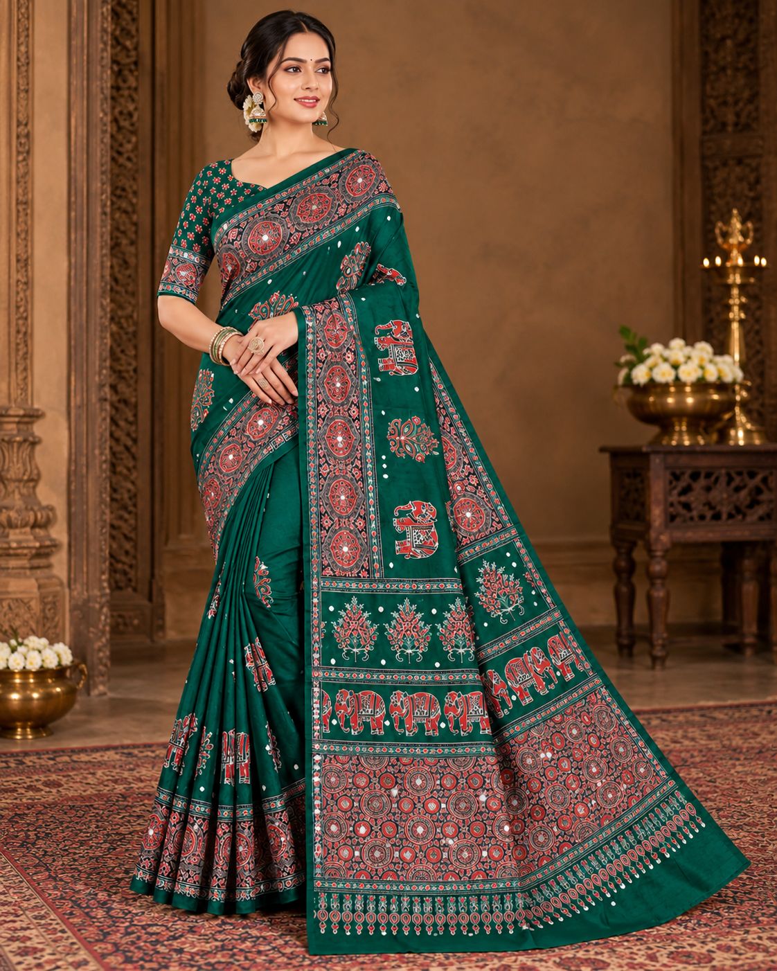 Semi-Ajrak Green Printed Soft Silk Saree with Mirror Work & Unstitched Blouse - image 1