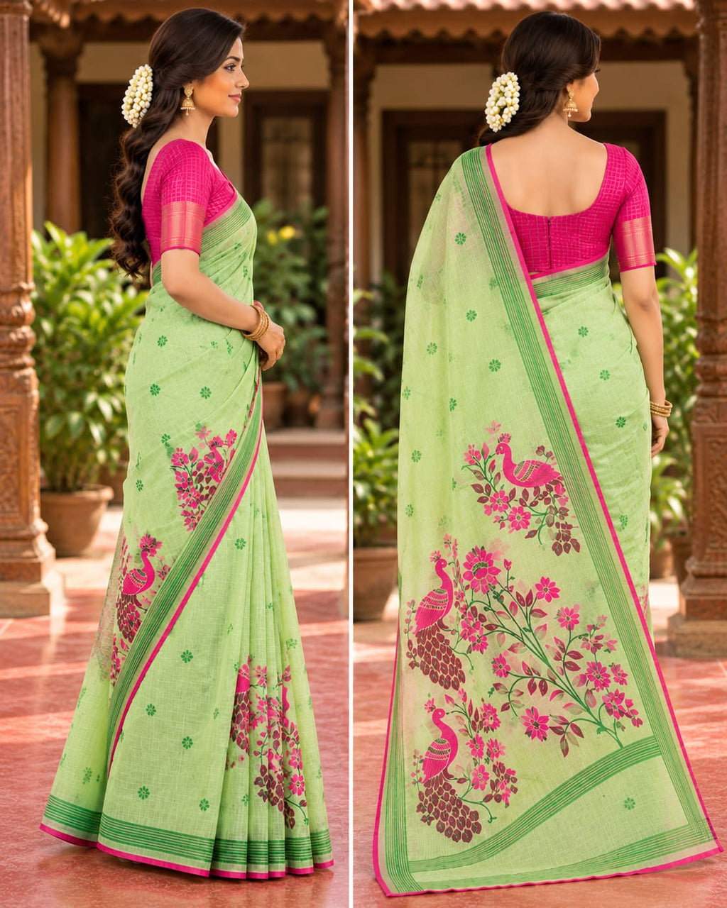 Pistachio Green Peacock Pallu Festive Saree - image 8