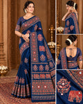 Semi-Ajrak Blue Printed Soft Silk Saree with Mirror Work & Unstitched Blouse - image 1
