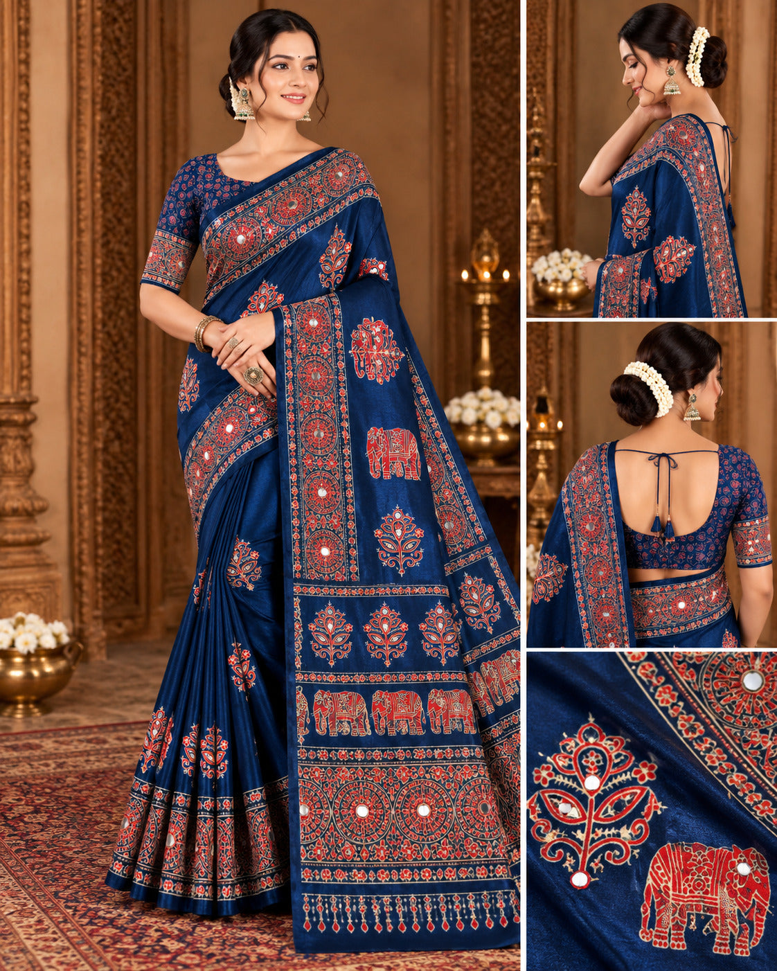 Semi-Ajrak Blue Printed Soft Silk Saree with Mirror Work & Unstitched Blouse - image 1