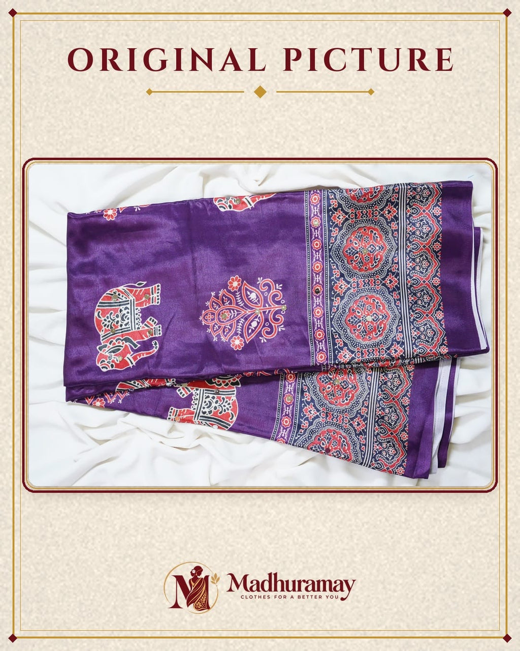 Semi-Ajrak Purple Printed Soft Silk Saree with Mirror Work & Unstitched Blouse - image 2
