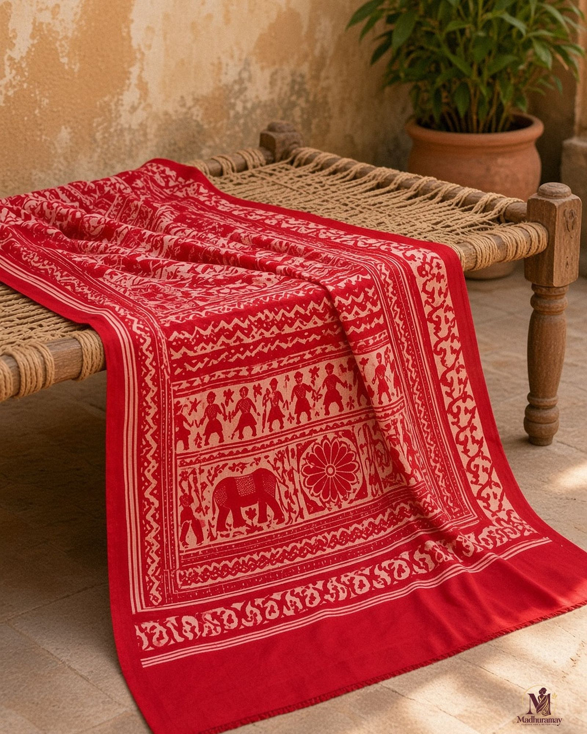 Red & White Utsav Kalamkari Elephant Saree - image 5