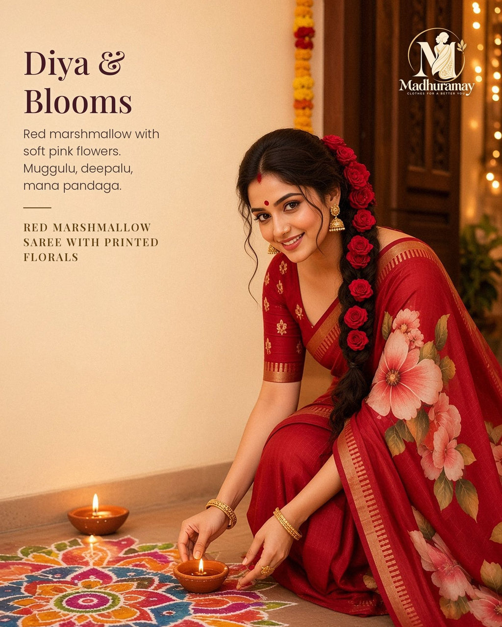 Cherry Red Festive Bloom Saree with Zari Border - image 1
