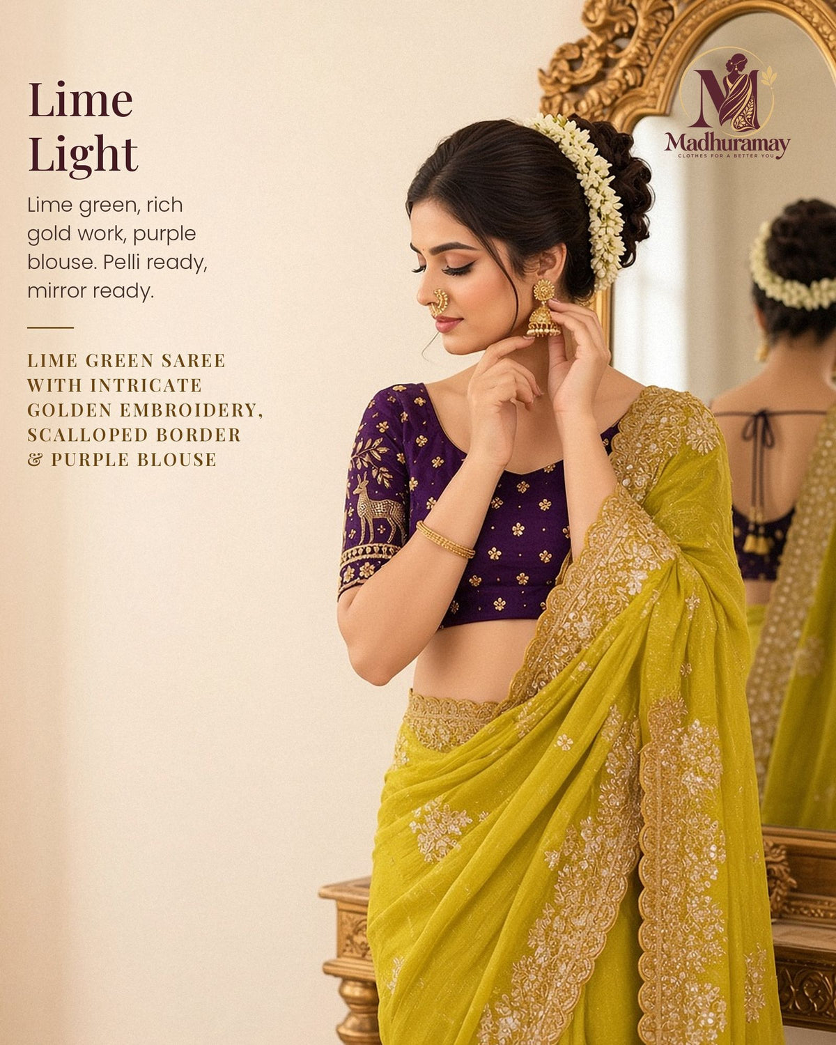 Lime Green Golden Embroidery Party Glam Saree with Purple Blouse - image 1