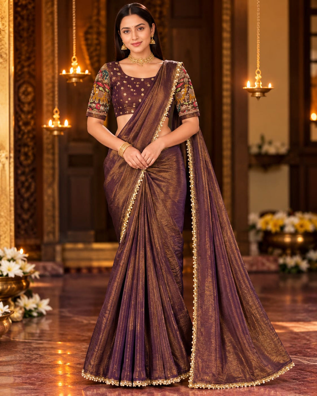 Regal Purple-Brown Antique Gold Party Glam Saree - image 5
