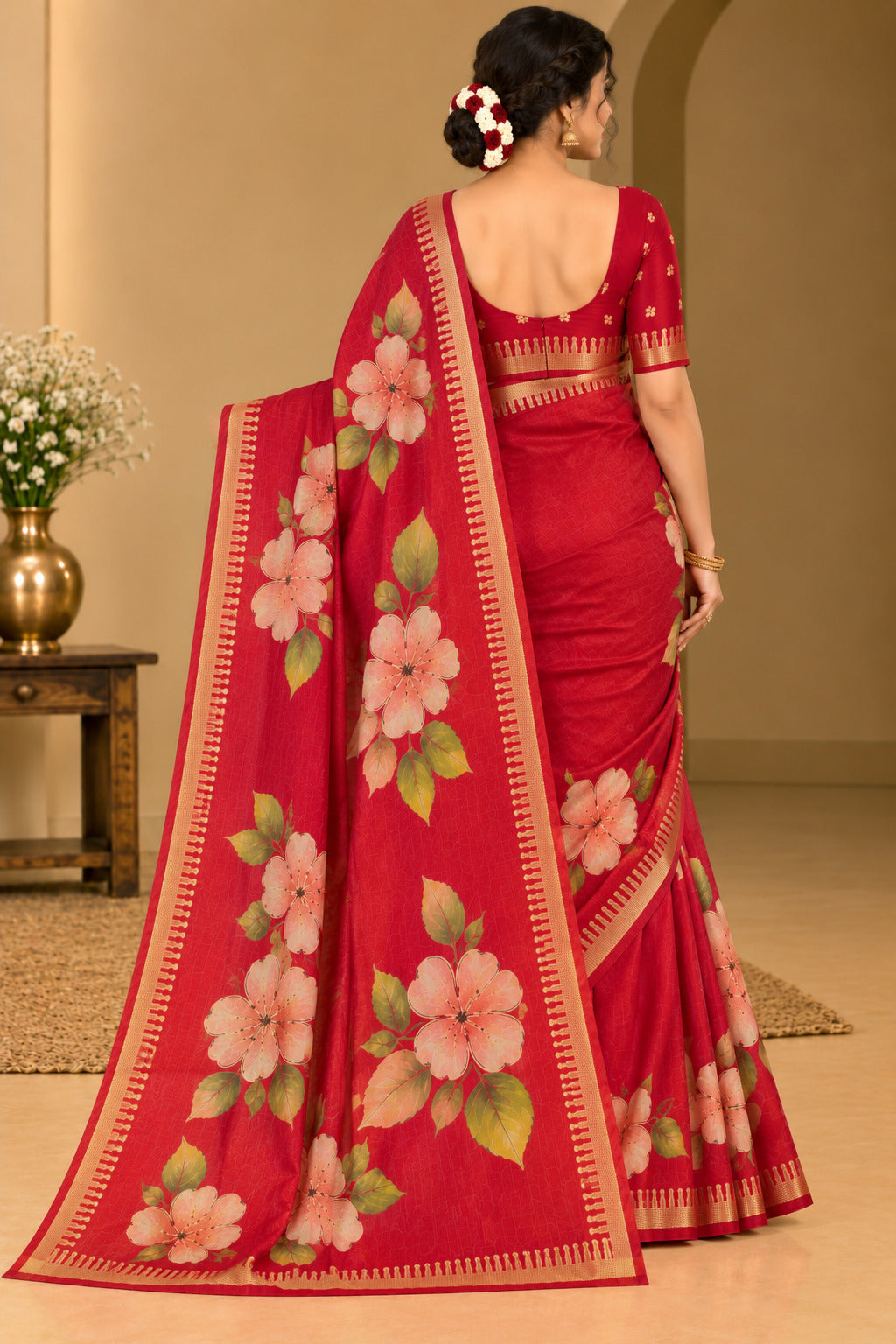 Cherry Red Festive Bloom Saree with Zari Border - image 8