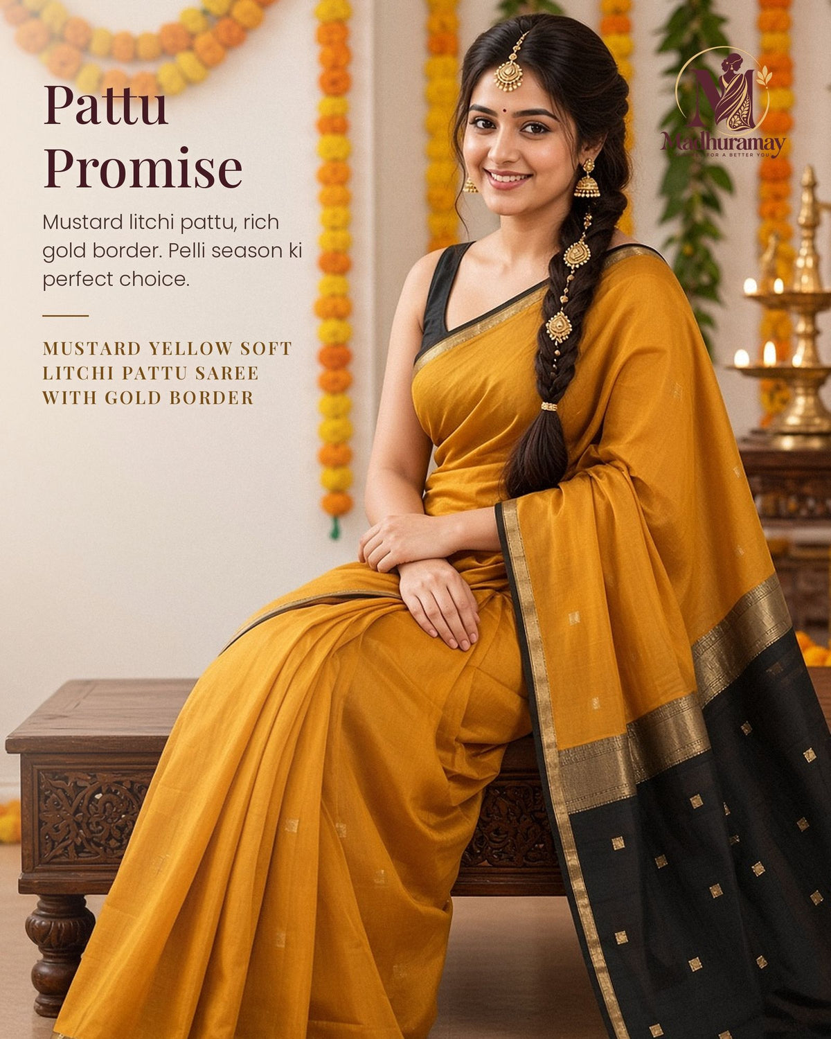 Mustard Gold Litchi Festive Saree – Limited Edition - image 1