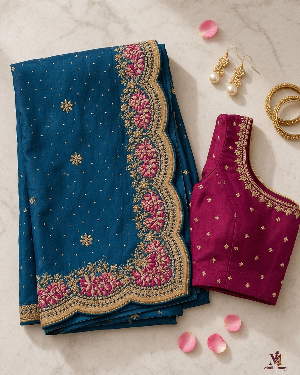 Teal Blue Golden Embroidery Evening Party Saree with Pink Floral Border - image 3