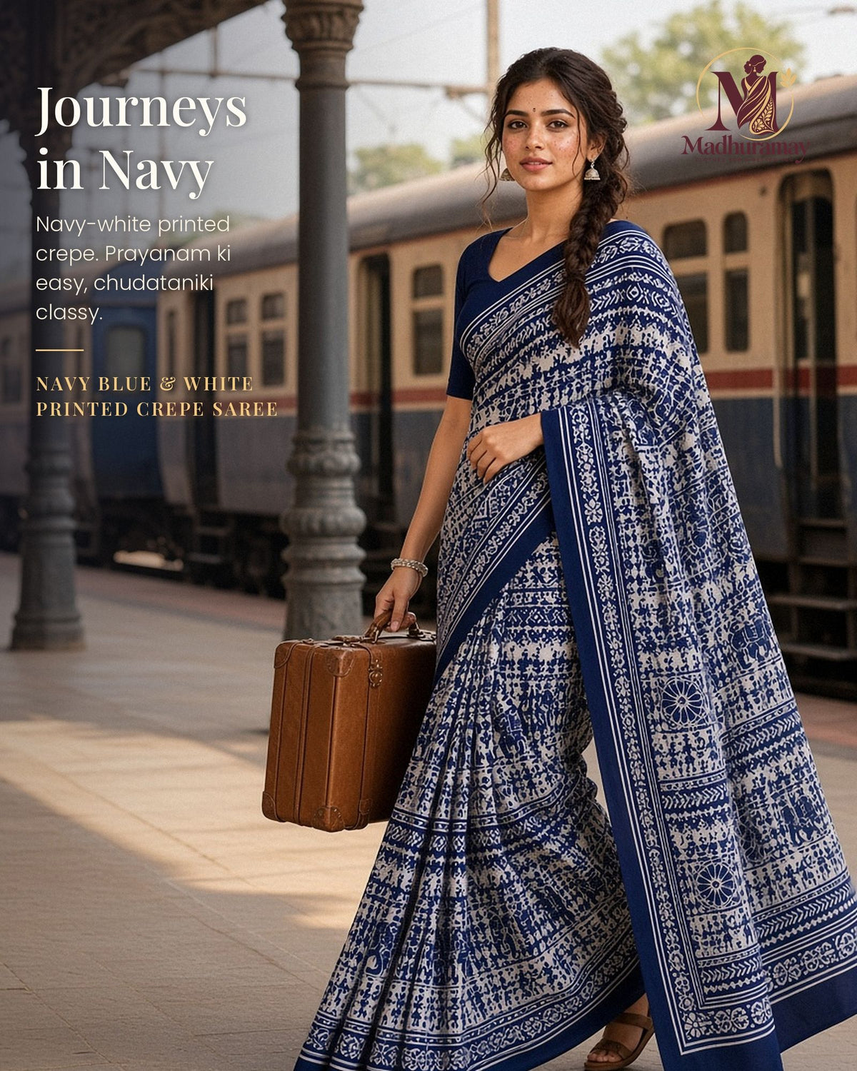 Navy Blue & White Festive Print Saree - image 1