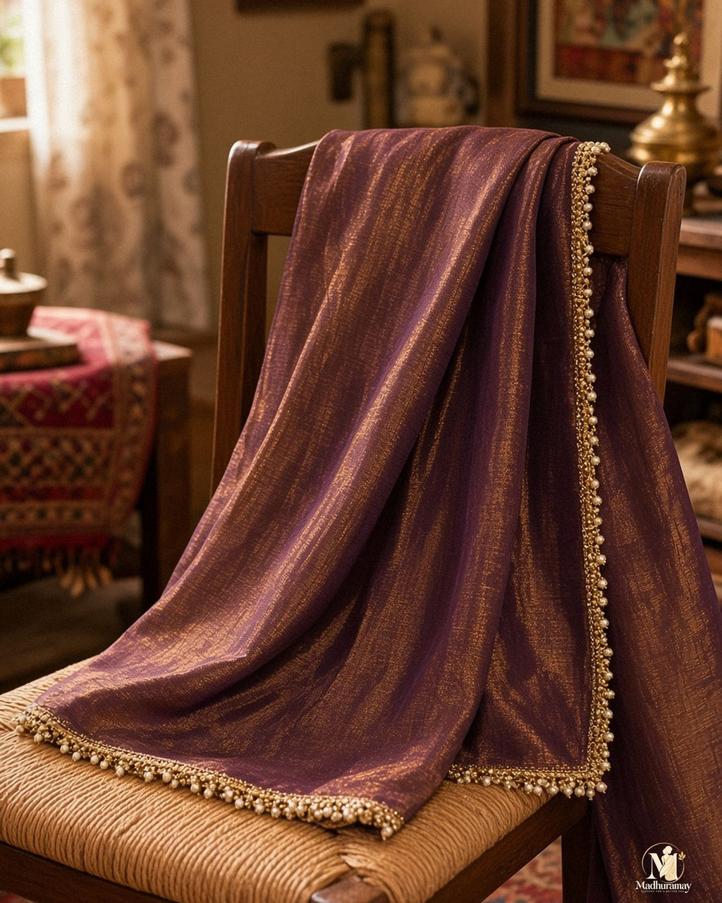 Regal Purple-Brown Antique Gold Party Glam Saree - image 4