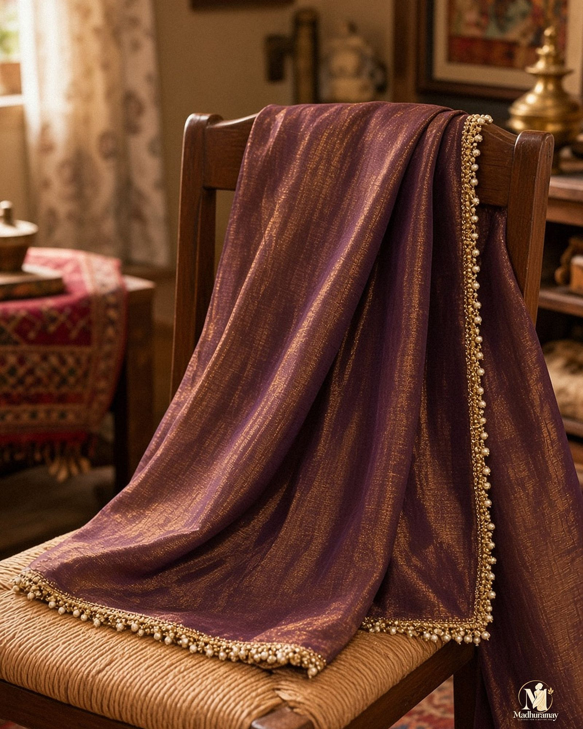 Regal Purple-Brown Antique Gold Party Glam Saree - image 4