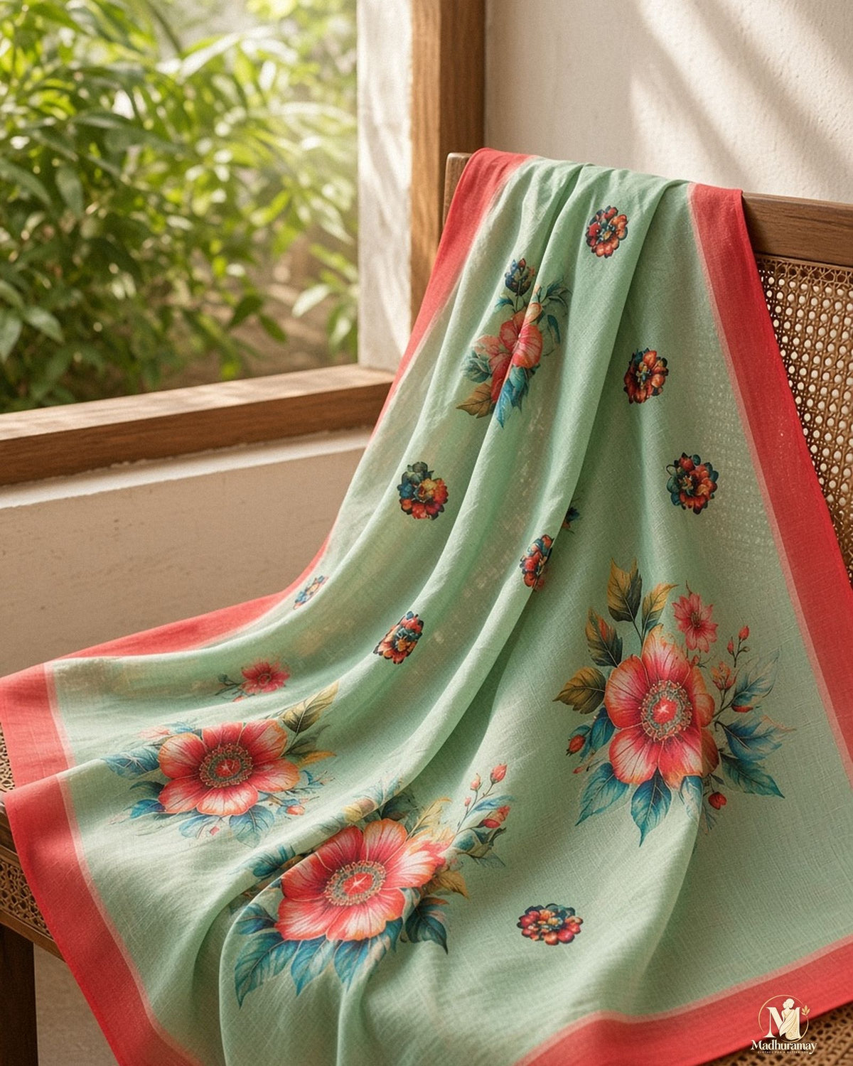 Seafoam Mint Floral Festive Saree with Coral Red Border - image 5