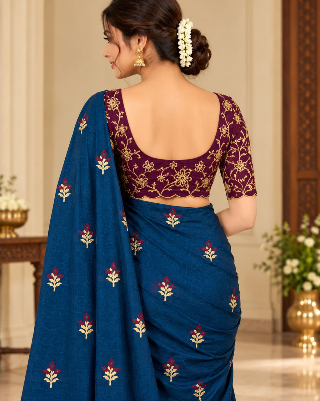 Royal Teal Blue Rose Bud Embroidered Festive Saree with Purple Embroidered Blouse - image 3