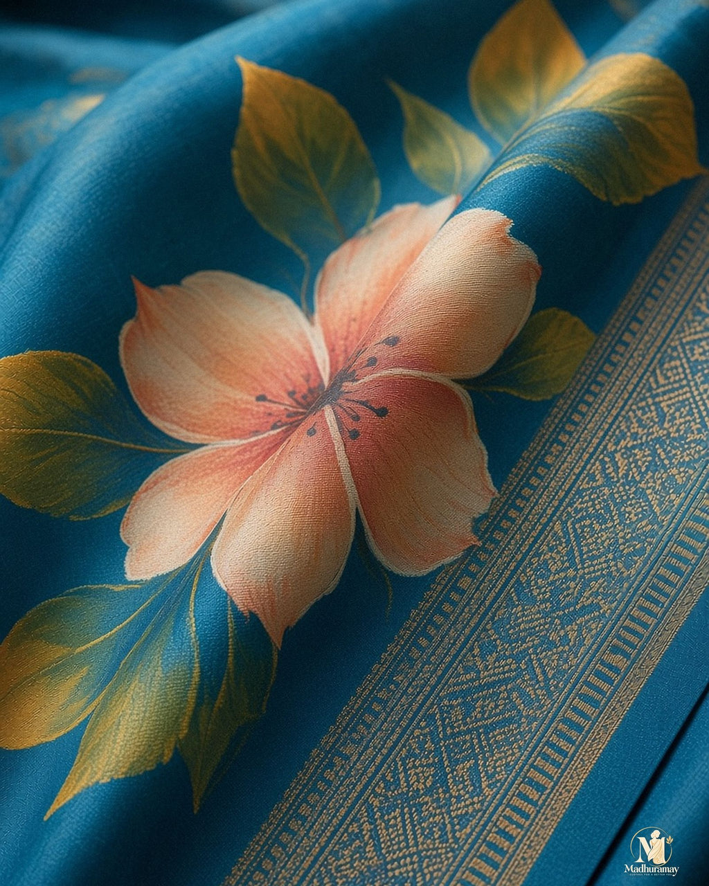 Teal Blue Festive Bloom Saree with Zari Border - image 4