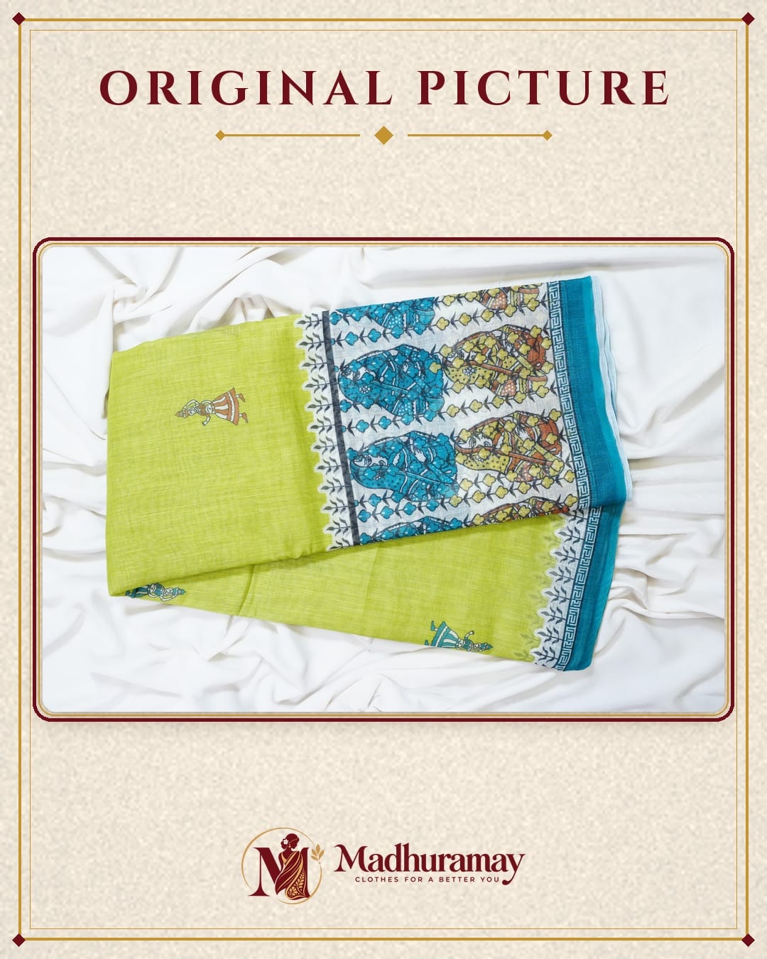 Olive Green Folk Art Festive Saree with Teal Border - image 3