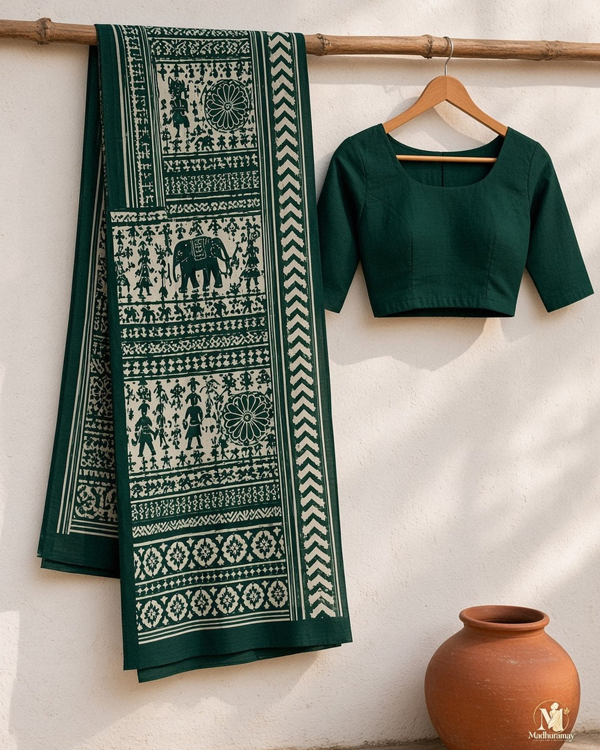 Dark Green & White Utsav Kalamkari Elephant Saree - image 2