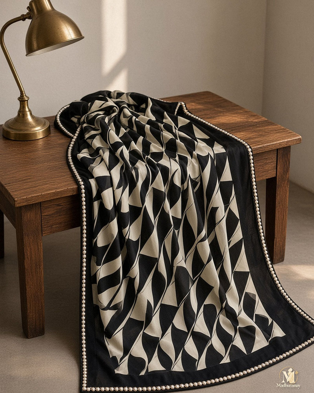 Black & Cream Abstract Evening Party Saree with Pearl-Style Border - image 5