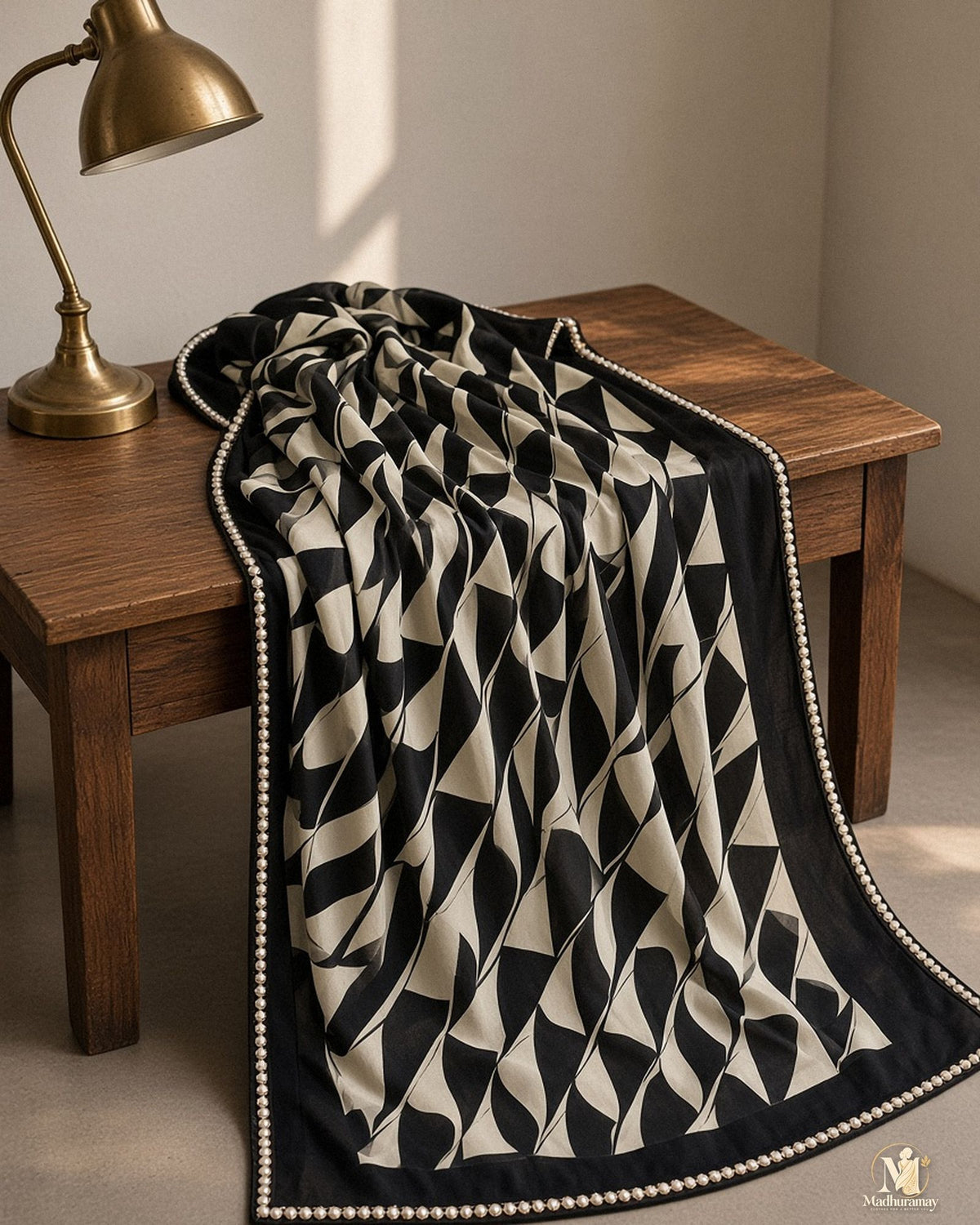 Black & Cream Abstract Evening Party Saree with Pearl-Style Border - image 5
