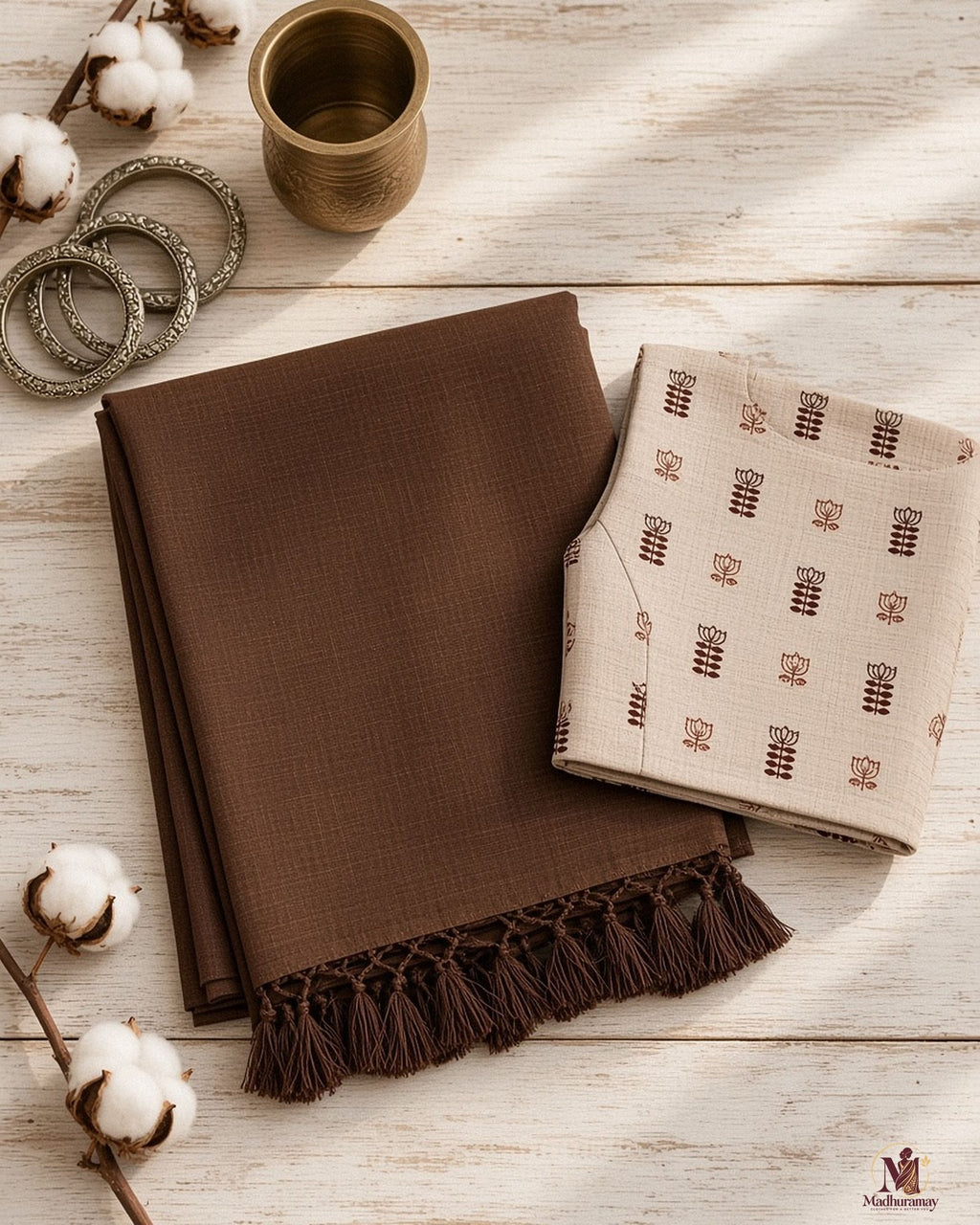 Earthy Brown Tassel Pallu Festive Saree with Beige Printed Blouse - image 3
