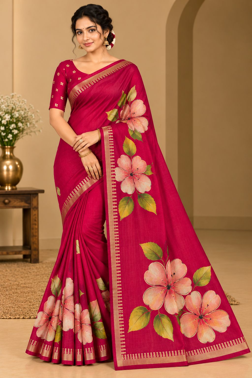 Magenta Pink Festive Bloom Saree with Zari Border - image 6